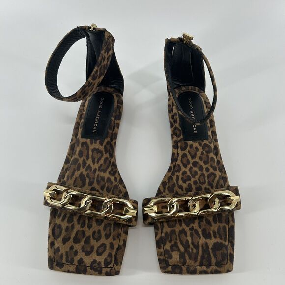 Good American Leopard Print Ankle Strap Sandals with Gold Chain Detail Size 9.5 - Picture 3 of 10